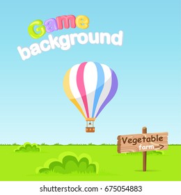 Game background. Vegetable farm sign board on green grass. Air Balloon with colorful stripes in blue sky Vector illustration of big object for travelling with basket. Air means of transportation