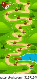 Game background, vertical tileable wallpaper for level select screen, path in the green hills.