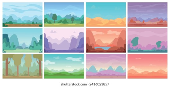 Antecedentes del juego. Colores planos paisajes naturales ilustraciones vectoriales exactas