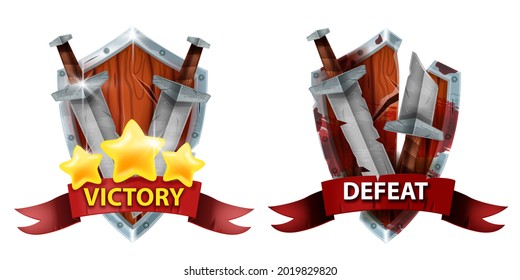 Game Badge Rank Icon, Vector Defeat Victory UI Design Element, Winner Achievement Award, Level Medal. Medieval RPG Result Sign, Lose Emblem, Wooden Shield, Ribbon, Sword, Star. Rating Game Badge Prize