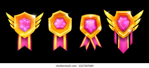Juego de insignias de juego, nivel de ganador de vectores arriba ranking kit de icono, medalla de certificado dorado, recompensa certificada. Premio 3D de la UI, emblema del premio al logro, gemstone. trofeo de prima de activos de la insignia de juego 