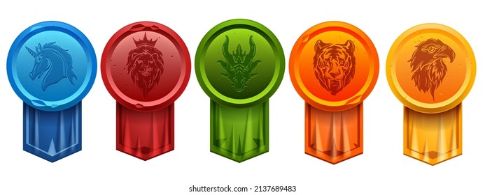 Game Badge UI Medal Icon, Victory Award Set Design, Ranking Medal Achievement, Animal Head Logo. Level Up Bonus Reward, E-sport Trophy Collection, Lion Outline, Green Dragon. Round Game Badge Kit