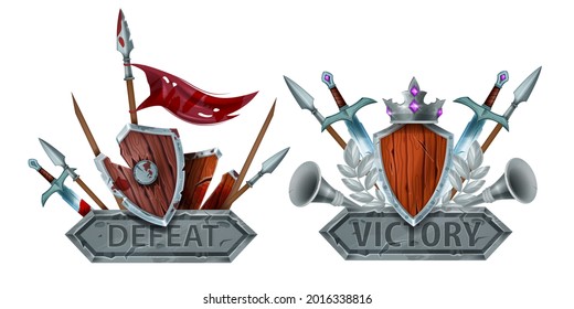 Game Badge Vector Icon, Defeat Victory Level End Signs, Rank Medal Award Design, Medieval Shield, Crown. Fantasy Battle Sign, Knight Weapon, Winner Looser RPG Logo On White. Game Badge Rating Kit