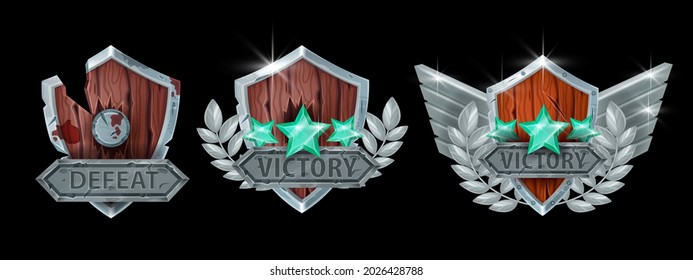 Game Badge Vector Icon, Medieval Rank Victory Award, Defeat Cracked Shield Illustration, Winner Logo Set. Medieval Knight Battle End Emblem, Lost Won Fantasy Heraldic Prize. Silver Reward Game Badge