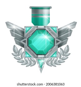 Game badge vector icon, rank award silver medal, level up achievement trophy illustration on white. Victory sign, winner congratulation reward, green emerald gemstone. Game badge UI champion emblem