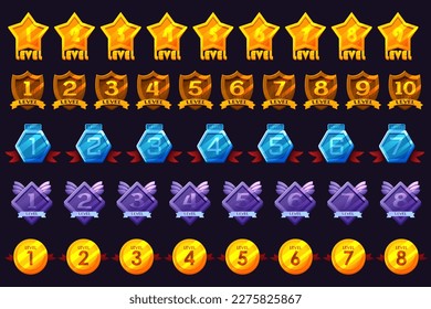 Game badges with level number. Level results vector icon design for the game, UI, banner, design for app, interface, game development