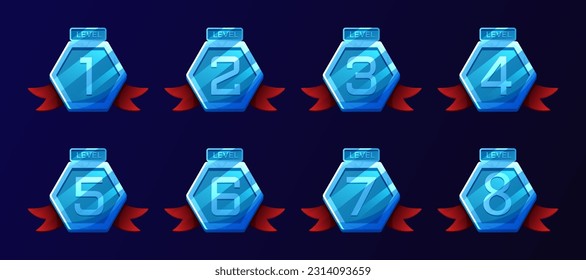 Game badges with level number. Level results vector icon design for the game, UI, banner, design for app, interface, game development