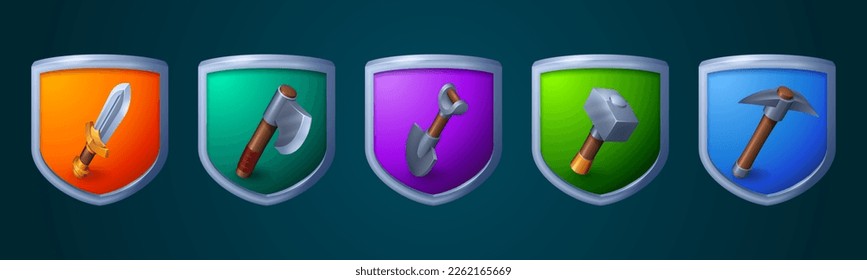 Game badges with resources icons. Shield emblems in silver frame with steel sword and axe, metal shovel and pickaxe, hammer, vector cartoon set isolated on background, board with achievement icon