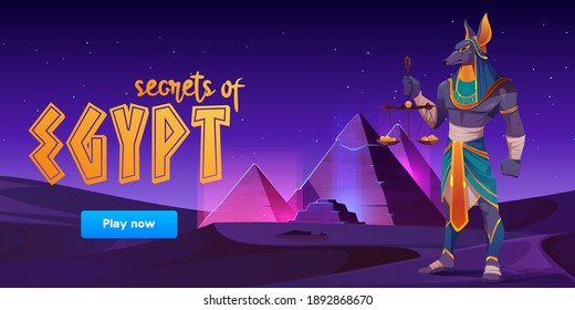 Game banner about Secrets of Egypt with Anubis and pyramids on desert landscape. Vector cartoon background for game ui interface with ancient tombs and egyptian god at night