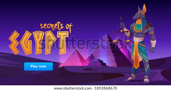 Game banner about Secrets of Egypt with Anubis and pyramids on desert landscape. Vector cartoon background for game ui interface with ancient tombs and egyptian god at night
