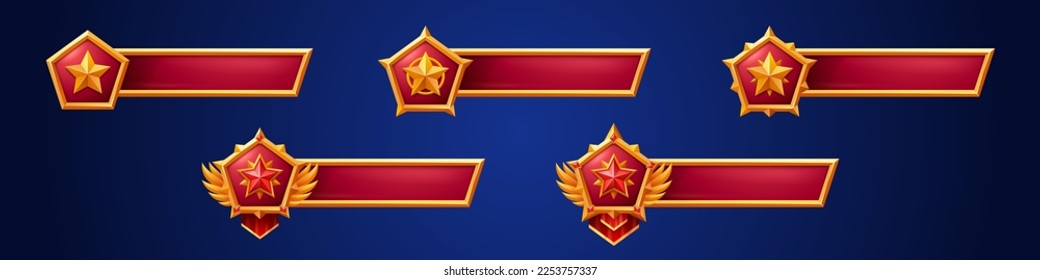 Banderas de juego con insignias de estrella dorada. Iconos de clasificación de logro de nivel y barra roja de título vacía. Elementos de la interfaz de juego aislados en segundo plano, ilustración de la caricatura vectorial