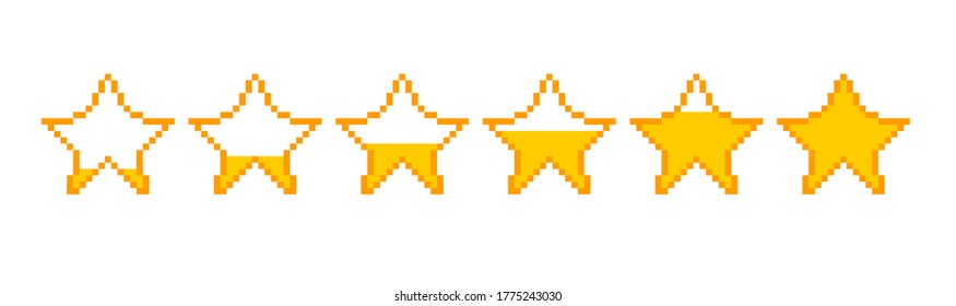 Game bar filling stars. Steps of energy storage in empty and gradually full pixel star graphical mobile interface colorful indicator of game rating and vector award.