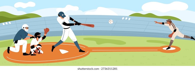 Game of baseball. One player throws ball into play and other hits softball with bat. Athletes in uniforms with helmets. Competitive match at stadium. Team gaming. Sports championship. Vector concept