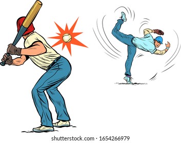 Game of baseball. The pitcher throws the ball. Pop art retro vector illustration 50s 60s style