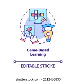 Game based learning concept icon. Engagement and motivation. Elearning abstract idea thin line illustration. Isolated outline drawing. Editable stroke. Roboto-Medium, Myriad Pro-Bold fonts used