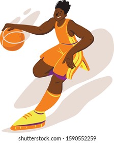 The game of basketball. The guy is playing basketball. The guy dribbles. Athlete with the ball. A man in a sports uniform.