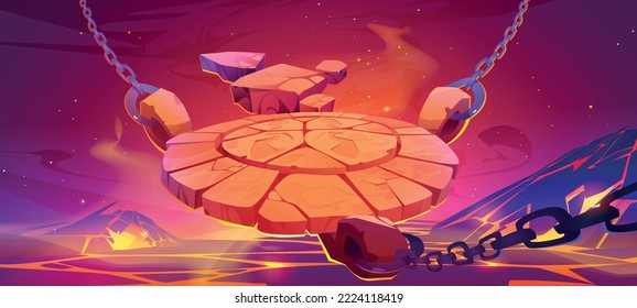 Game battle arena background with hell landscape with stone circle platform hanging on metal chains. Fight ring in inferno with hot lava and fire, vector cartoon illustration - Shutterstock ID 2224118419