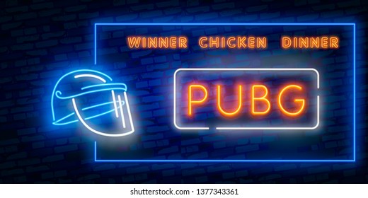 Game Battle Grounds neon sign, bright signboard, light banner, PUBG. Vector illustration logo and text Winner winner chicken dinner. winning pubg text