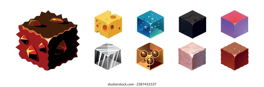 Game Blocks and Cubes of Different Material Vector Set