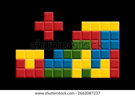 Game Blocks process. Colorful and geometric shapes reminiscent of classic video game. Ideal for gaming-related designs, retro themes or creative projects aiming for nostalgic touch.