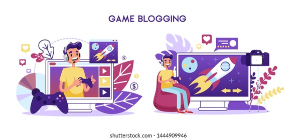 Game blogger video channel concept. Character play computer games and record screen on camera. Vector illustration in cartoon style