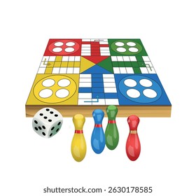 Tablero de juego con dados y fichas sobre fondo blanco. Vector 3D ilustración