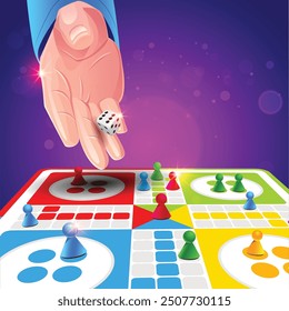 A game with a game board with a person playing dice. Ludo Board Game