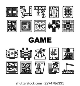 game board table play icons set vector. family people, home card, fun dice, child group, kid together, young wooden children game board table play black contour illustrations