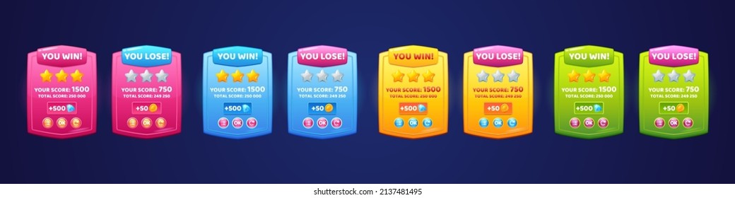 Game boards with level score, win and lose banners for ui interface. Vector cartoon set of colored panels with level achievements, score, gold stars, coins and buttons
