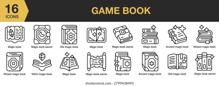 Game Book icon set. Includes rulebooks, strategy guides, fantasy journals, gaming manuals and More. Outline icons vector collection.