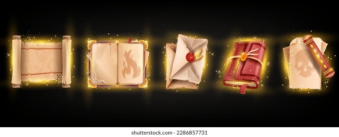 Game book icon set, medieval magic grimoire, vector fantasy parchment scroll, vintage envelope. RPG witchcraft dictionary, empty page, wizard fairytale secret paper, red notebook. Game book clipart