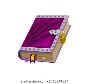 Game book, isolated cartoon vector ornate, mystical grimoire with a vibrant purple cover with talon rips, secured with a silver lock and detailed with metallic studs, book with secrets or magic spells