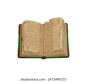 Game book, isolated cartoon vector ancient, magical book open to reveal pages filled with mysterious symbols and runes. Grimoire with worn, tattered sheets contain wiz arcane knowledge and enchantment