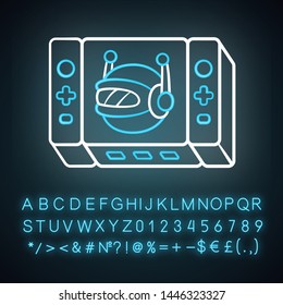 Game bot neon light icon. Artificial intelligence software algorithms. Virtual reality. Non-player character. NPC. Glowing sign with alphabet, numbers and symbols. Vector isolated illustration