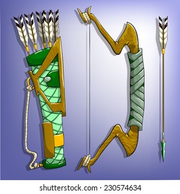 Game bow, arrow and quiver. Vector illustrations.