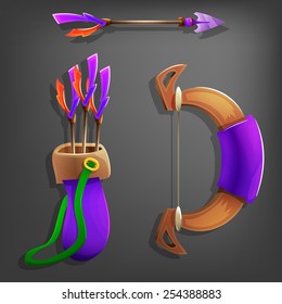 Game bow, arrow and quiver. Vector illustrations.