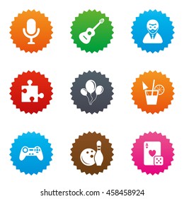 Game, bowling and puzzle icons. Entertainment signs. Casino, carnival and alcohol cocktail symbols. Stars label button with flat icons. Vector