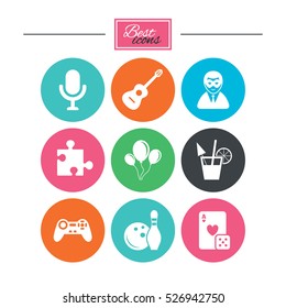 Game, bowling and puzzle icons. Entertainment signs. Casino, carnival and alcohol cocktail symbols. Colorful flat buttons with icons. Vector