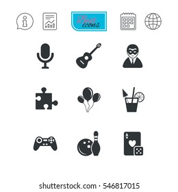 Game, bowling and puzzle icons. Entertainment signs. Casino, carnival and alcohol cocktail symbols. Report document, calendar and information web icons. Vector
