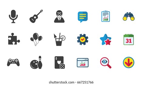 Game, bowling and puzzle icons. Entertainment signs. Casino, carnival and alcohol cocktail symbols. Calendar, Report and Download signs. Stars, Service and Search icons. Vector