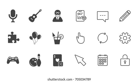 Game, bowling and puzzle icons. Entertainment signs. Casino, carnival and alcohol cocktail symbols. Chat, Report and Calendar line signs. Service, Pencil and Locker icons. Click, Rotation and Cursor