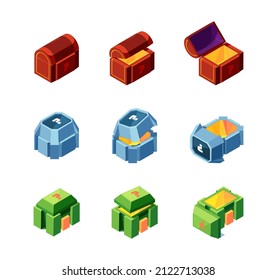 Game boxes. 3d elements for game ui present 3d gifts containers chest cardboard colored cartoon isometric boxes choice concept set garish vector illustrations