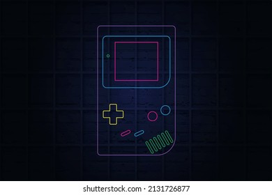 Game Boy Color illustration, neon pad classic portable console vector graphic design. Game room labels and logos. Gamer banners, emblems and labels. Bright signage, light banner. Vector illustration