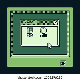 Game boy interface, folders, window pixel art design, play, retro 80s console gaming app, video game, flat style, old school computer graphic design, 8-bit sprite, game assets, vector illustration.