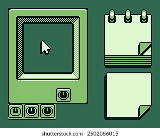 Game boy interface, pixel art design, notebook sheet, retro 80s console gaming app, video game, flat style, old school computer graphic design, 8-bit sprite, game assets, vector illustration.