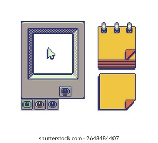 Interface do menino do jogo, design de arte de pixel, folha de notebook, aplicativo de jogos retro do console dos anos 80, jogo de vídeo, estilo plano, design gráfico de computador da velha escola, sprite de 8 bits, recursos do jogo, ilustração vetorial.