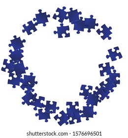 Game brainteaser jigsaw puzzle dark blue parts vector illustration. Group of puzzle pieces isolated on white. Teamwork abstract concept. Game and play symbols.