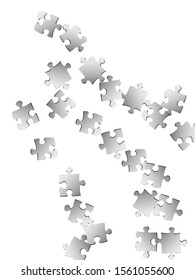 Game brainteaser jigsaw puzzle metallic silver parts vector illustration. Top view of puzzle pieces isolated on white. Success abstract concept. Game and play symbols.