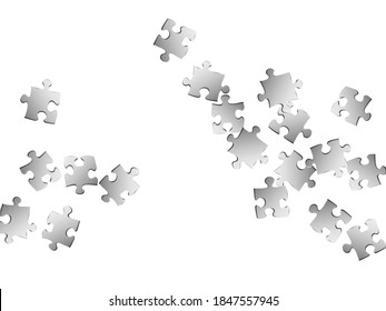 Game brainteaser jigsaw puzzle metallic silver parts vector illustration. Scatter of puzzle pieces isolated on white. Teamwork abstract concept. Jigsaw match elements.