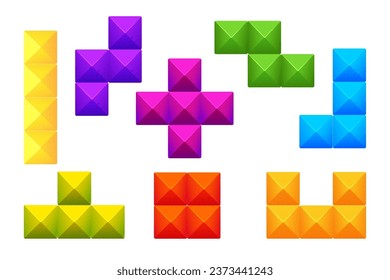 Game bricks set, colorfull blocks clasic logic game, puzzle in cartoon style isolated on white background. Creative detailed shapes